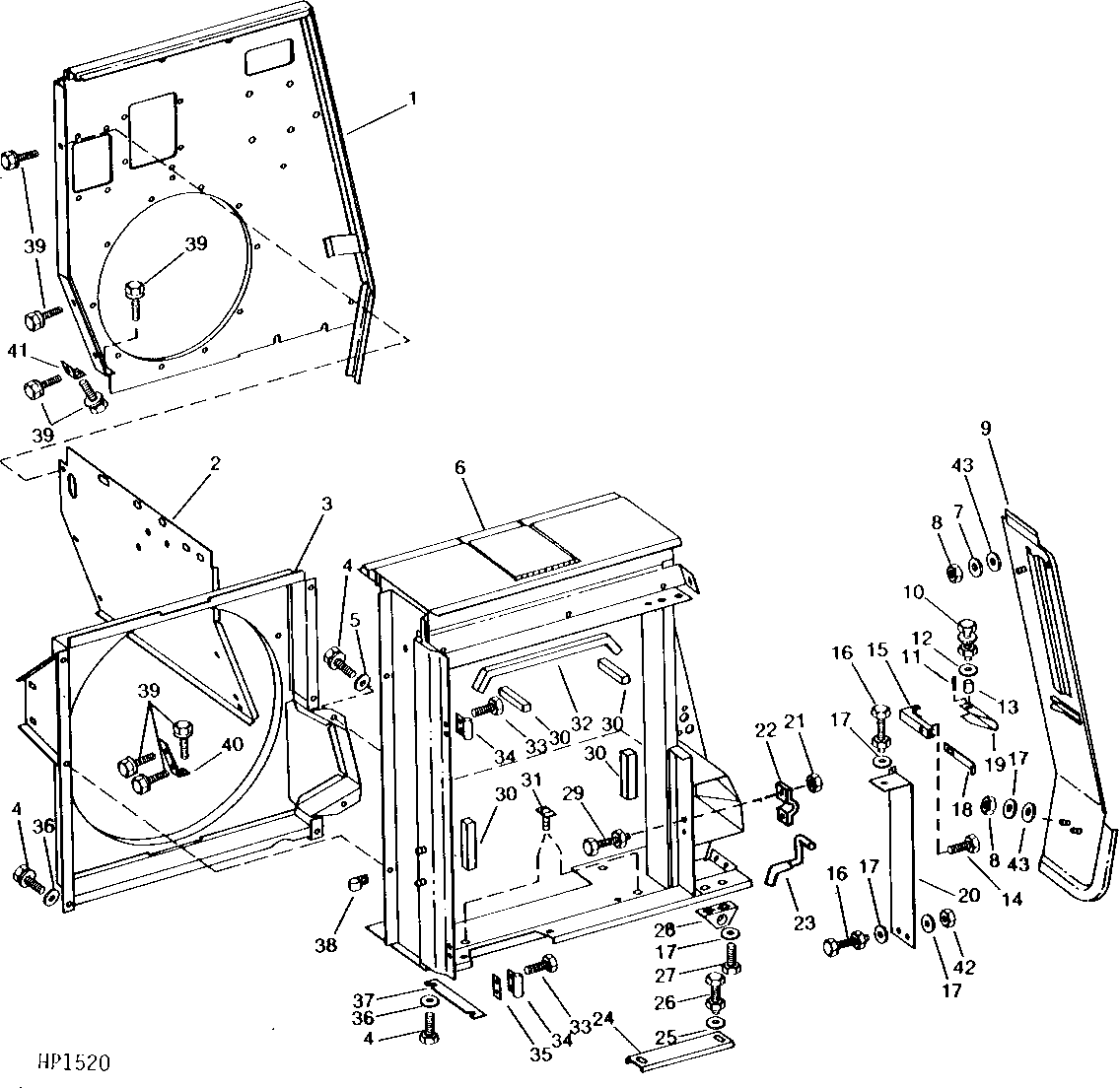 CORNER FRAME, FAN SHROUD, ENGINE COMPARTMENT REAR SHEET, AND FIREWALL
