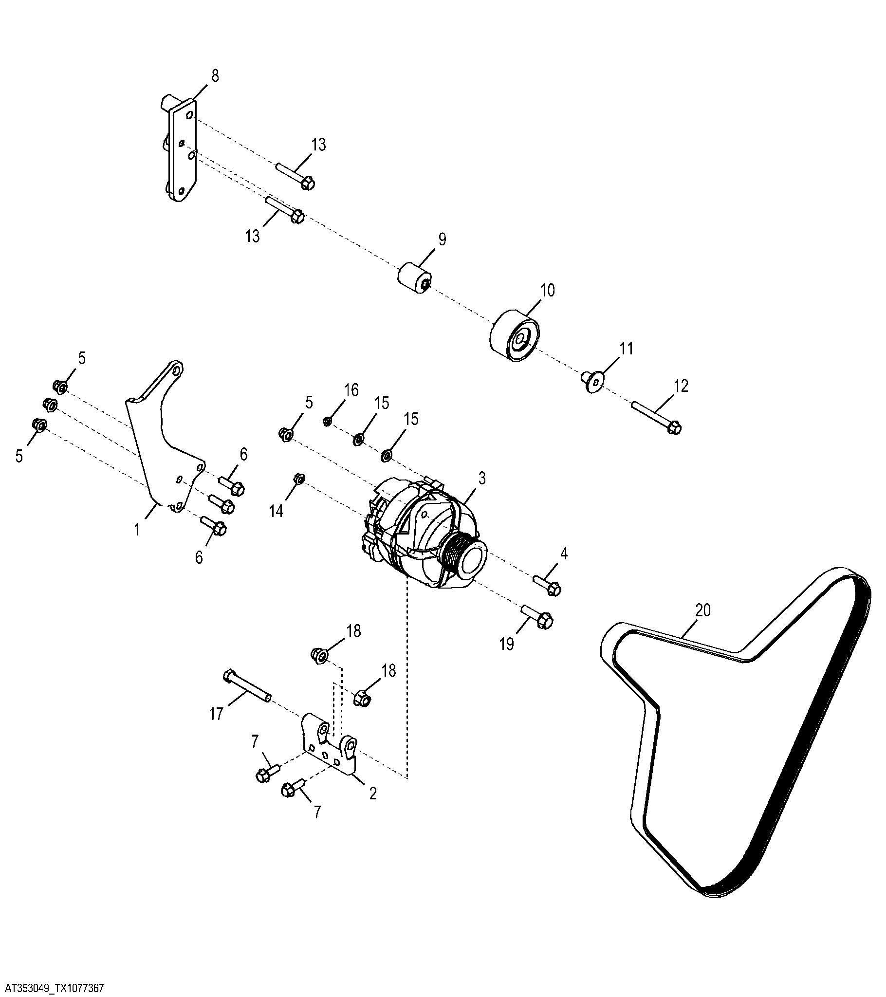 Alternator, Mounting Brackets, Belt and Belt Tensioner (80 Amp)