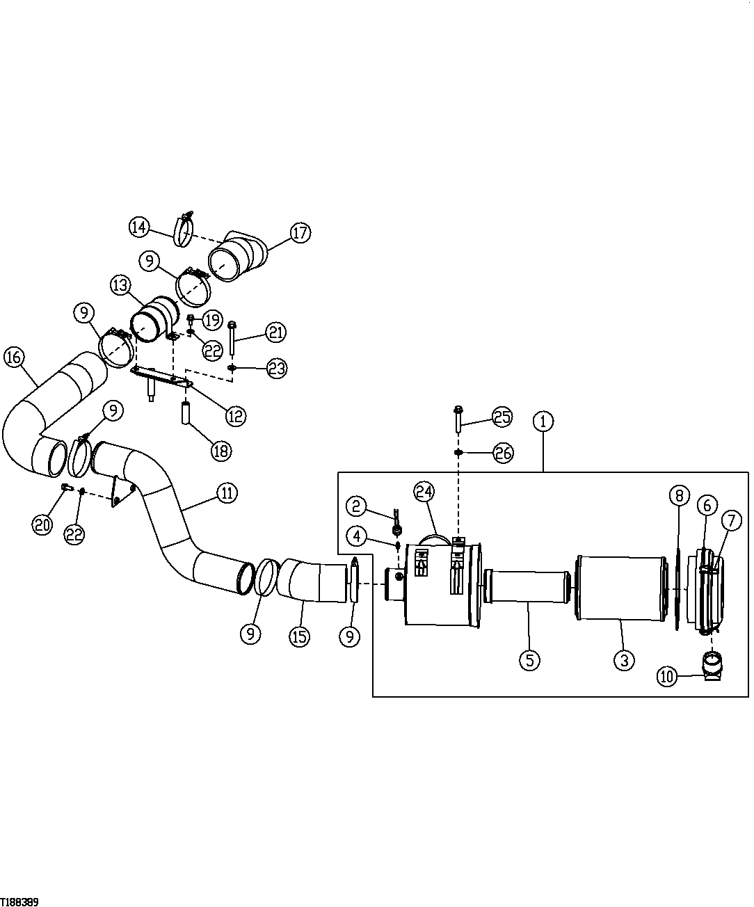 AIR CLEANER, RESTRICTION SENSOR AND HOSES TO TURBOCHARGER
