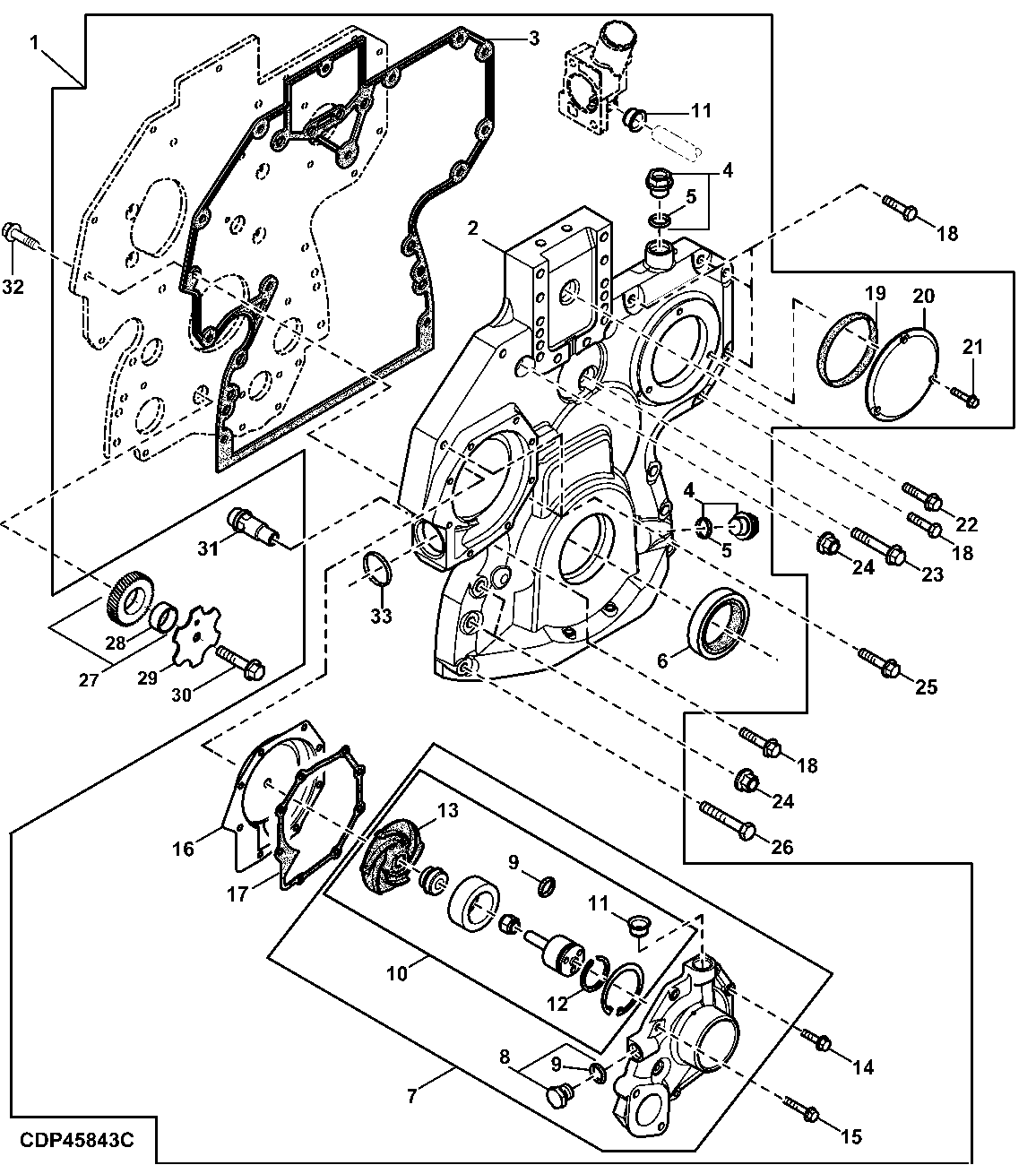 Timing Gear Cover, Water Pump, Lower Idle Gear