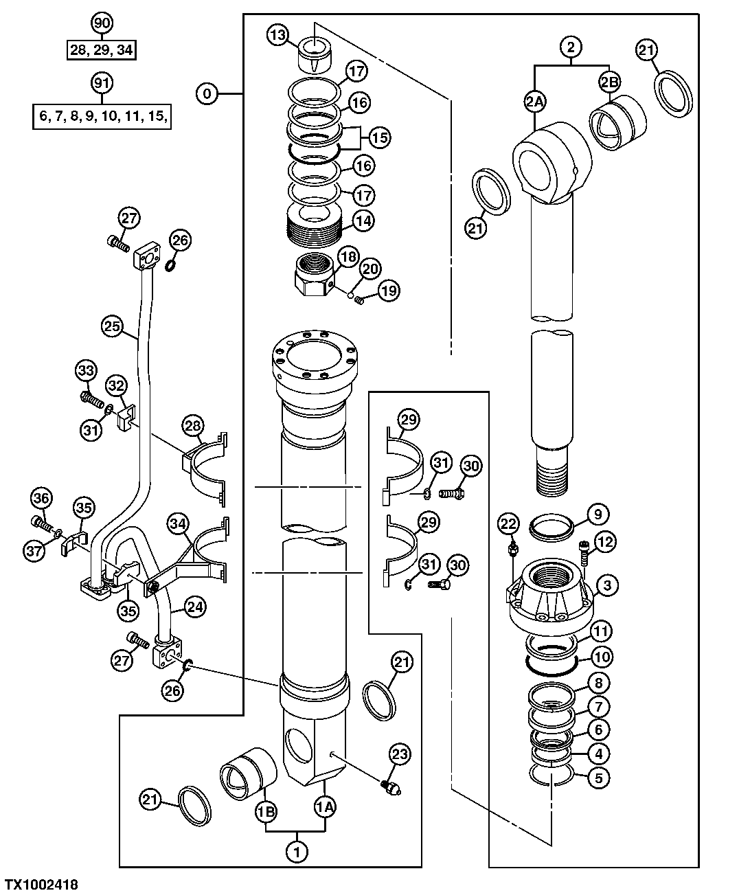 Right Boom Cylinder, 7.1 m And 8.4 m, Components