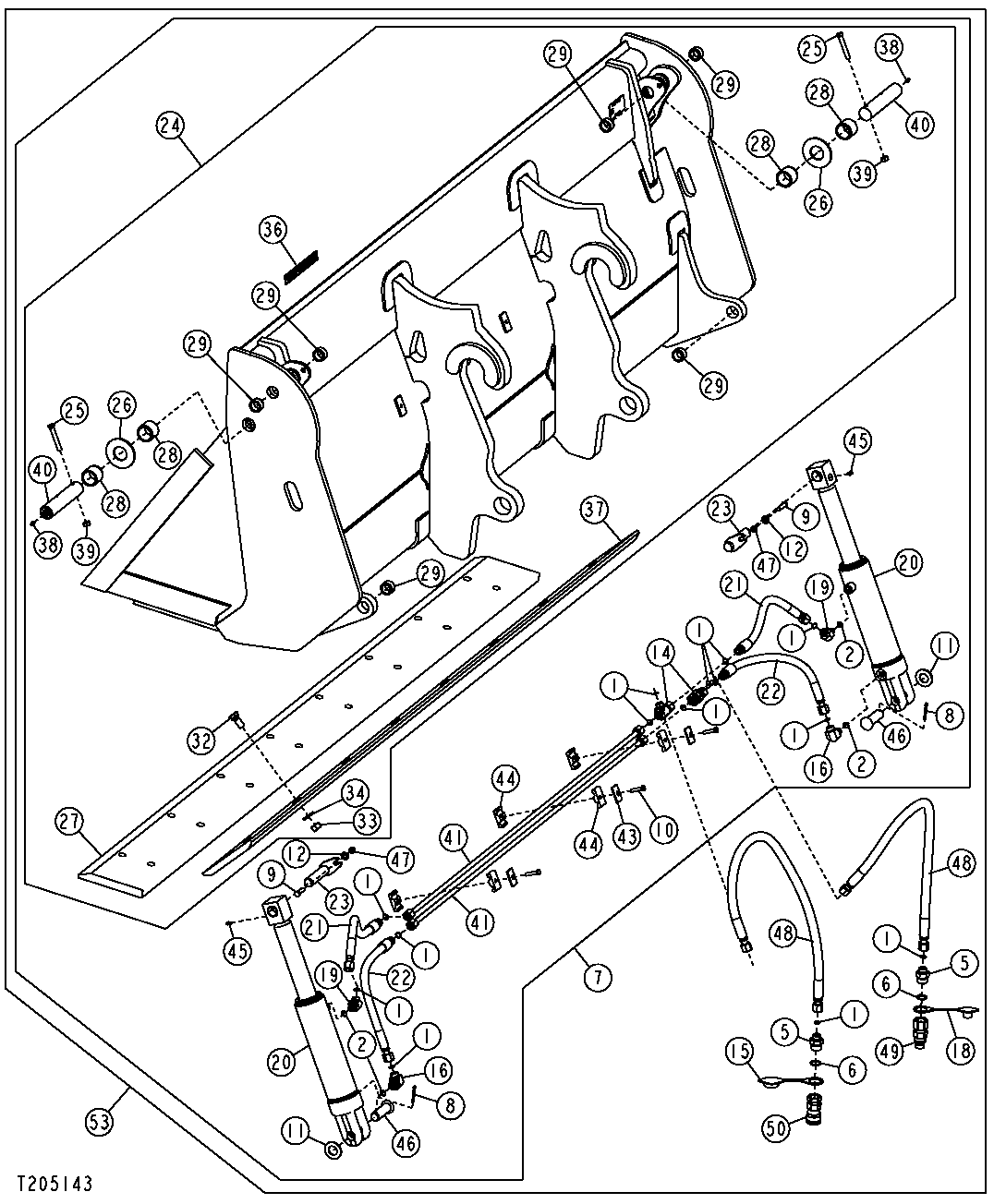 Quick Coupler Multi-Purpose Bucket, Cylinders and Hydraulic Oil Lines
