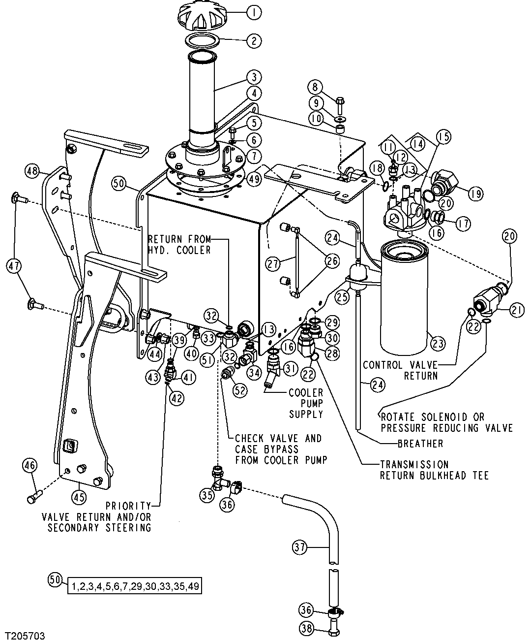 HYDRAULIC RESERVOIR, RETURN FILTER, BRACKETS & FITTINGS (TC) (CABLE) (581096-596699)