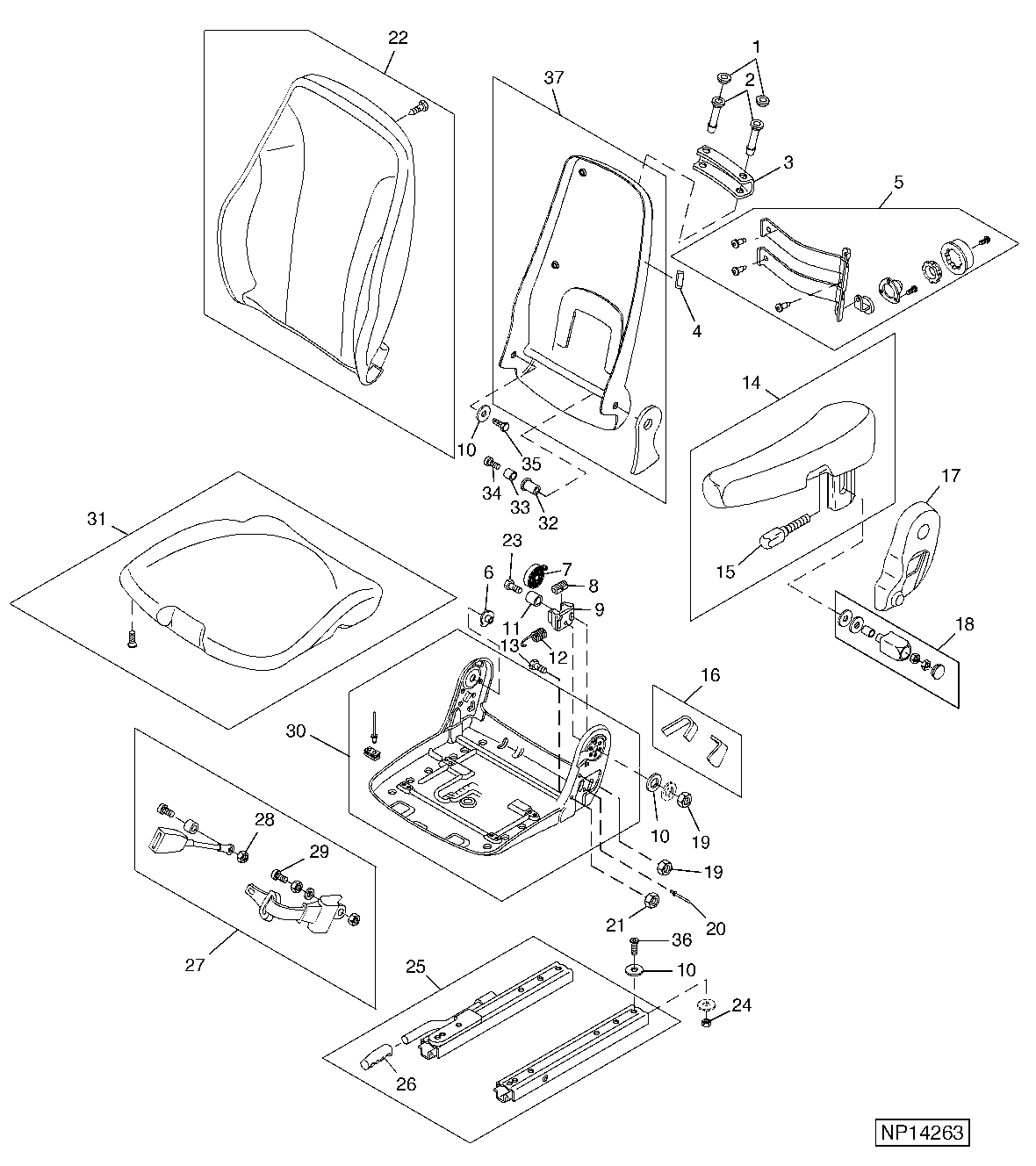 OPERATOR'S SEAT CUSHION, ARMREST, AND MOUNTINGS