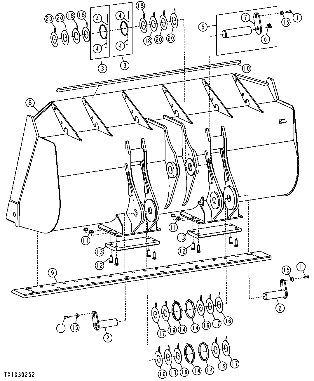 LOADER BUCKETS, BUCKET PINS AND CUTTING EDGE (NEVERGREASE) (SN 612700-616686)