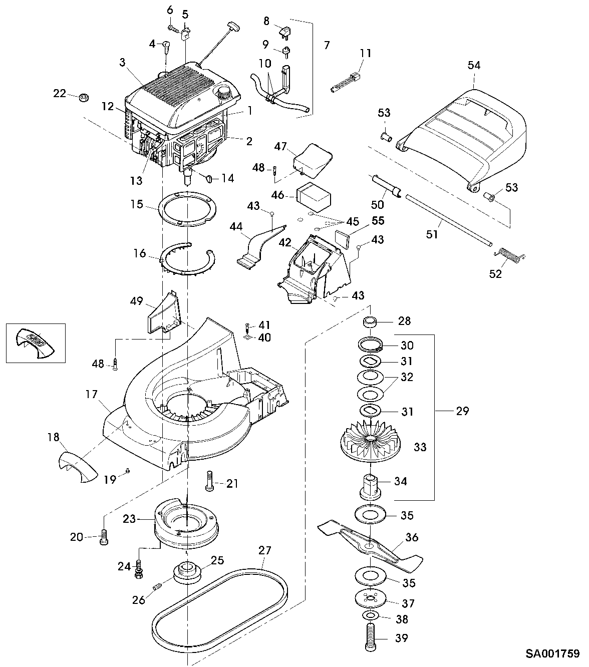 HOUSING, ENGINE, FAN, MOWER DECK, DISCHARGE, BATTERY