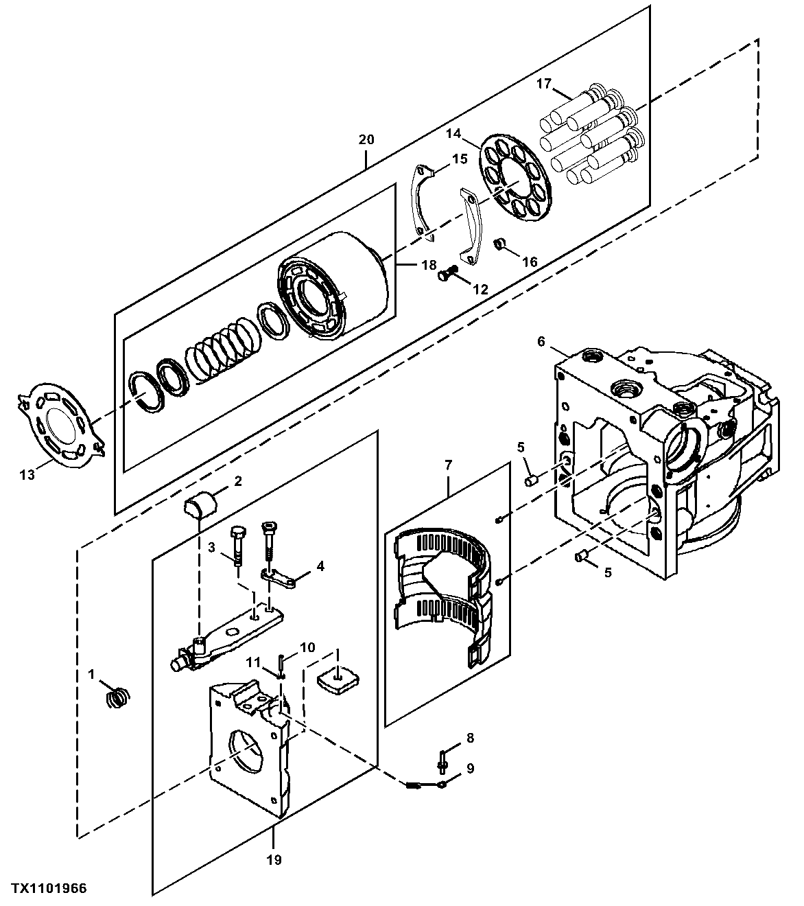 Hydrostatic Pump Components, Housing, Swash Plate, Piston, and Cylinder Block Assembly