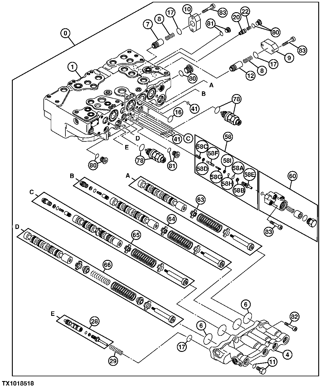 Control Valve Body and Spools (4 Spool Side)