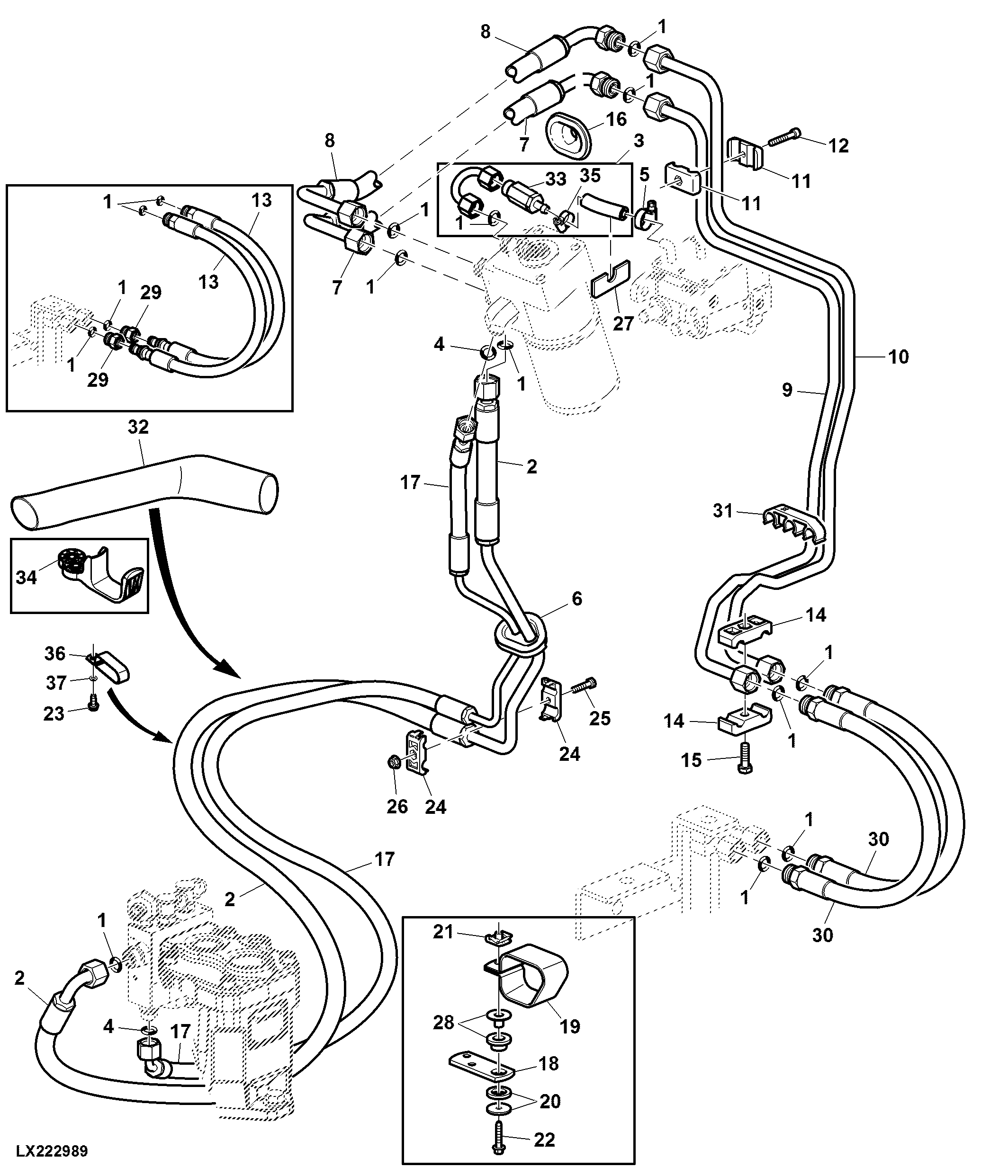 HYDROSTATIC STEERING OIL LINES, CAB, HYDRAULIC PUMP 45CM3