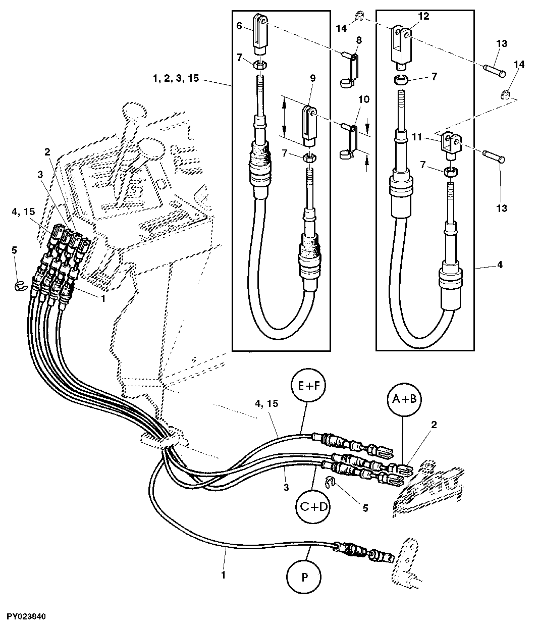 BOWDEN CABLES FOR RANGE SHIFT AND PARKING LOCK (POWRQUAD WITH REVERSER CONTROL AT STEERING COL.)