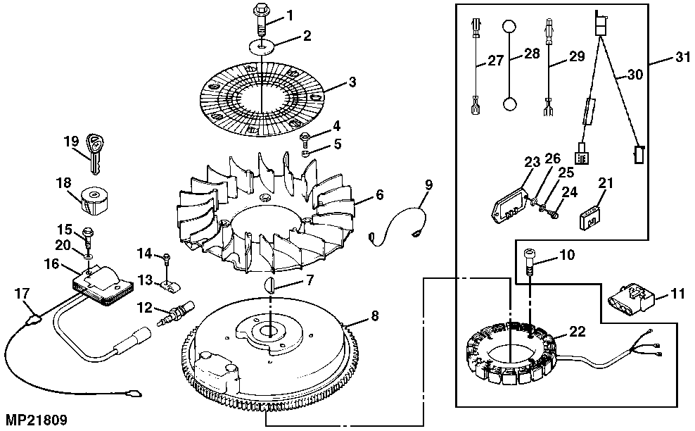 FLYWHEEL, IGNITION COIL AND STATOR (15 AMP)