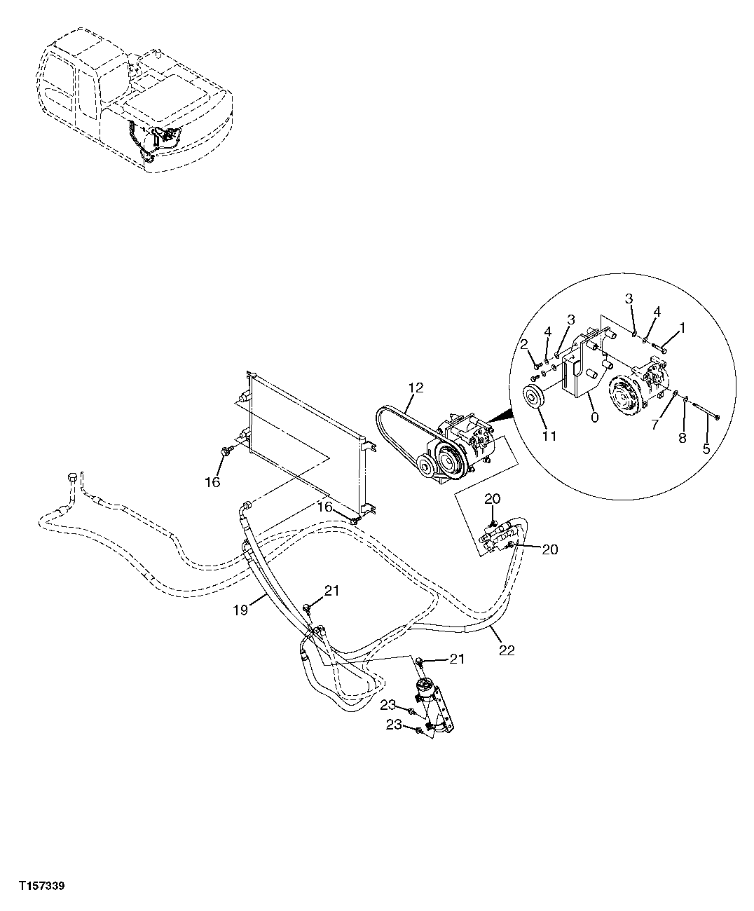 A/C COMPRESSOR BRACKET, DRIVE BELT, AND REFRIGERANT HOSES