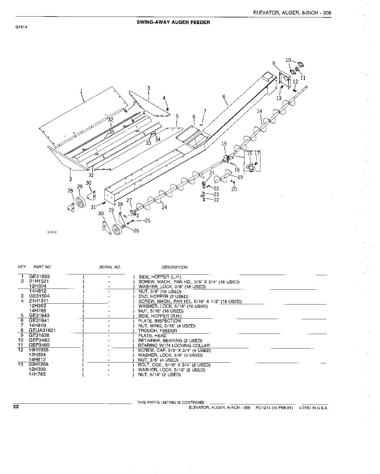 FEEDER, AUGER, SWING-AWAY