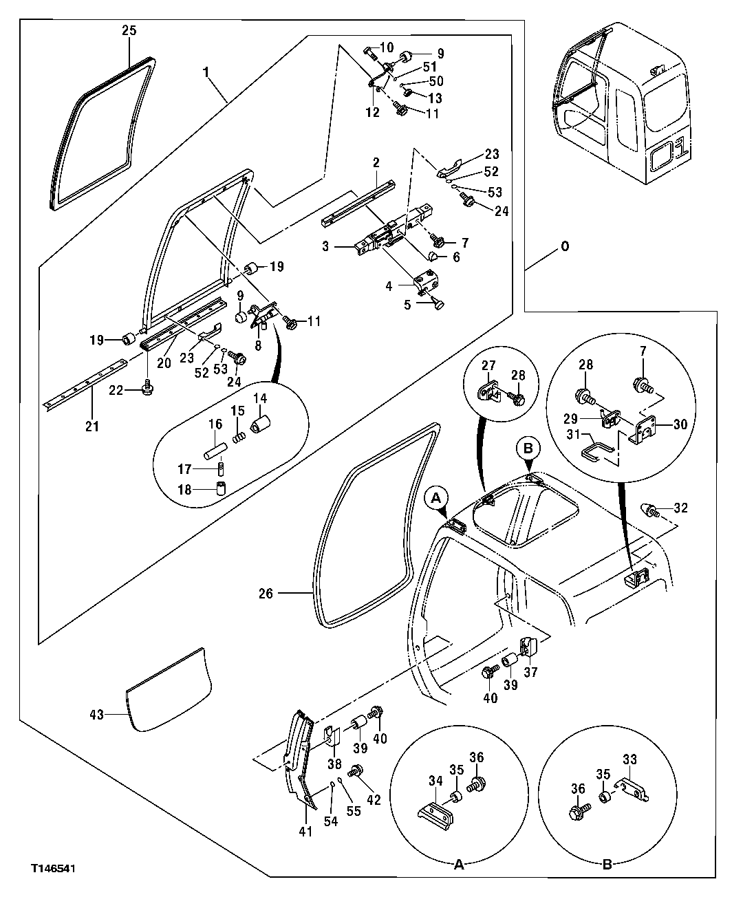 CAB FRONT WINDOWS, HANDLES, AND OPENING TRACKS