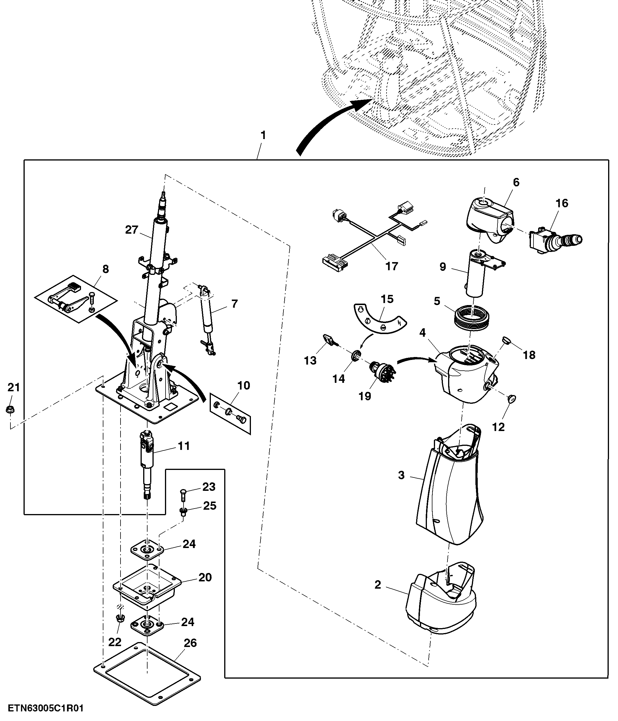 Steering Column, Single Tilt, Low SPEC Version (410003 - 430070), (440321 - 440668), (440670 - )