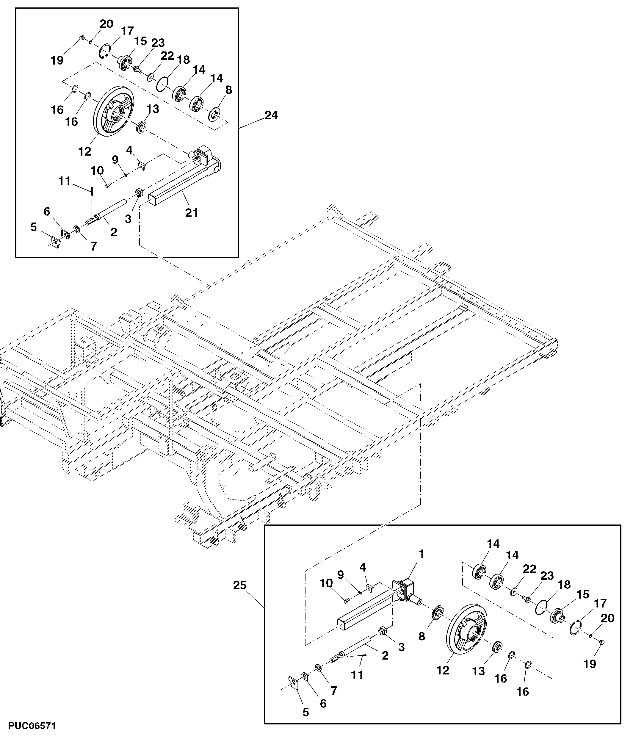 Track Guide Wheel Assembly, JD3029 Engine Sacker Version