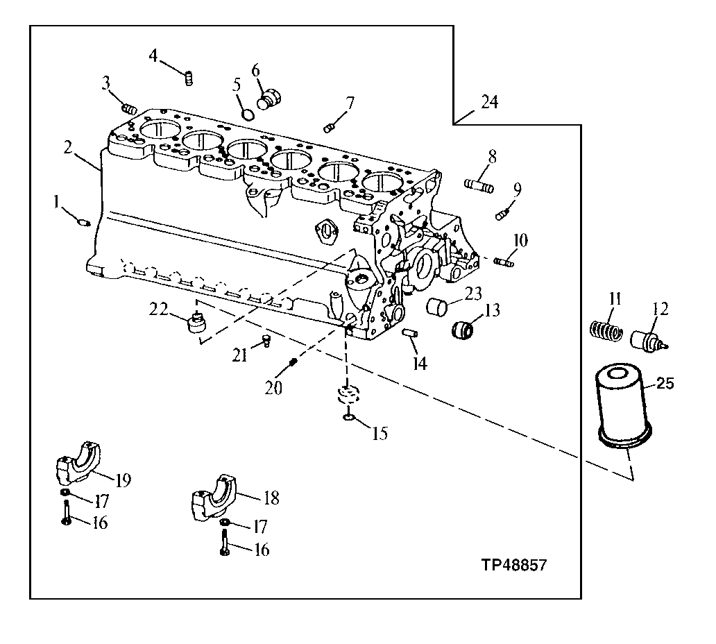CYLINDER BLOCK,MAIN BEARING CAPS AND ENGINE OIL FILTER ( - 713822)