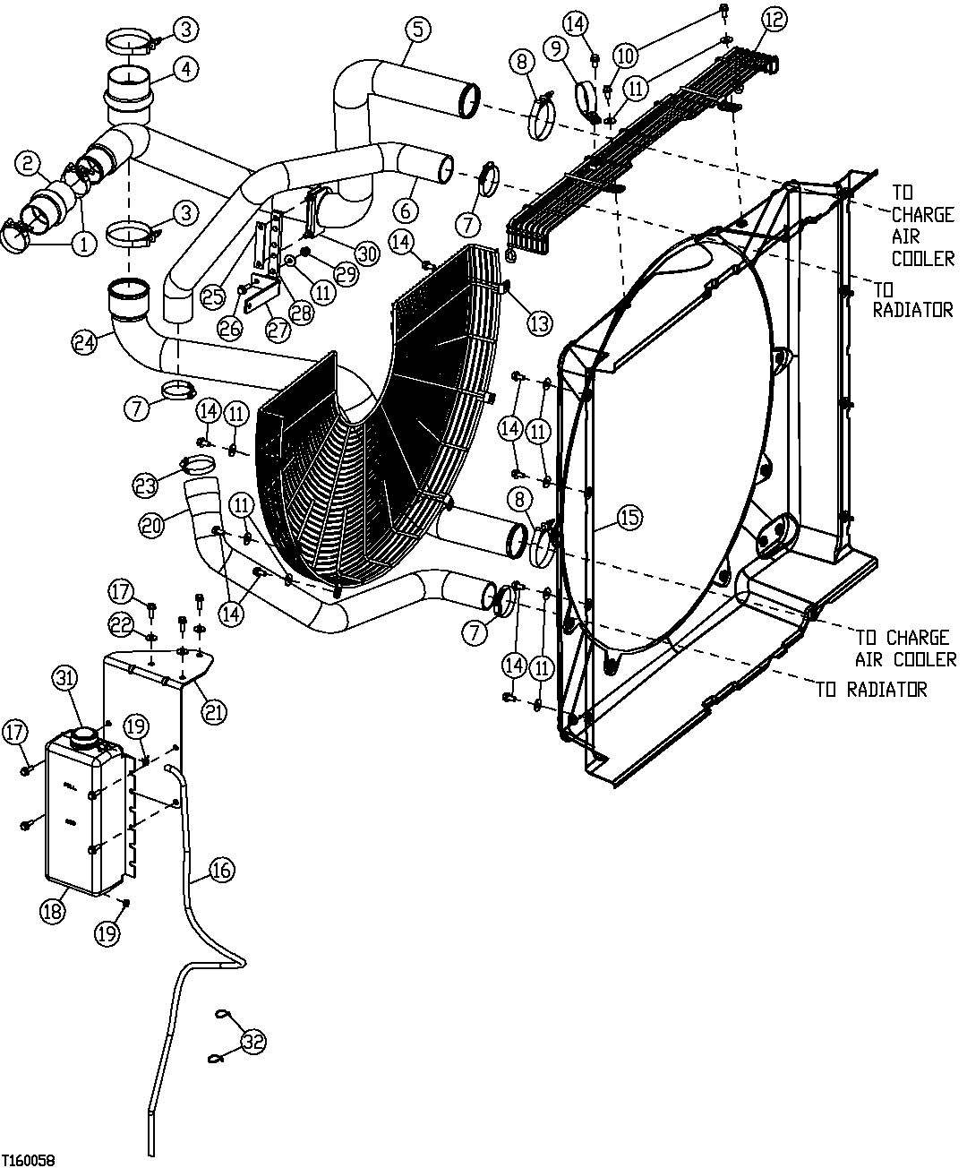 SHROUD, RADIATOR HOSES AND RECOVERY BOTTLE (581928 - )