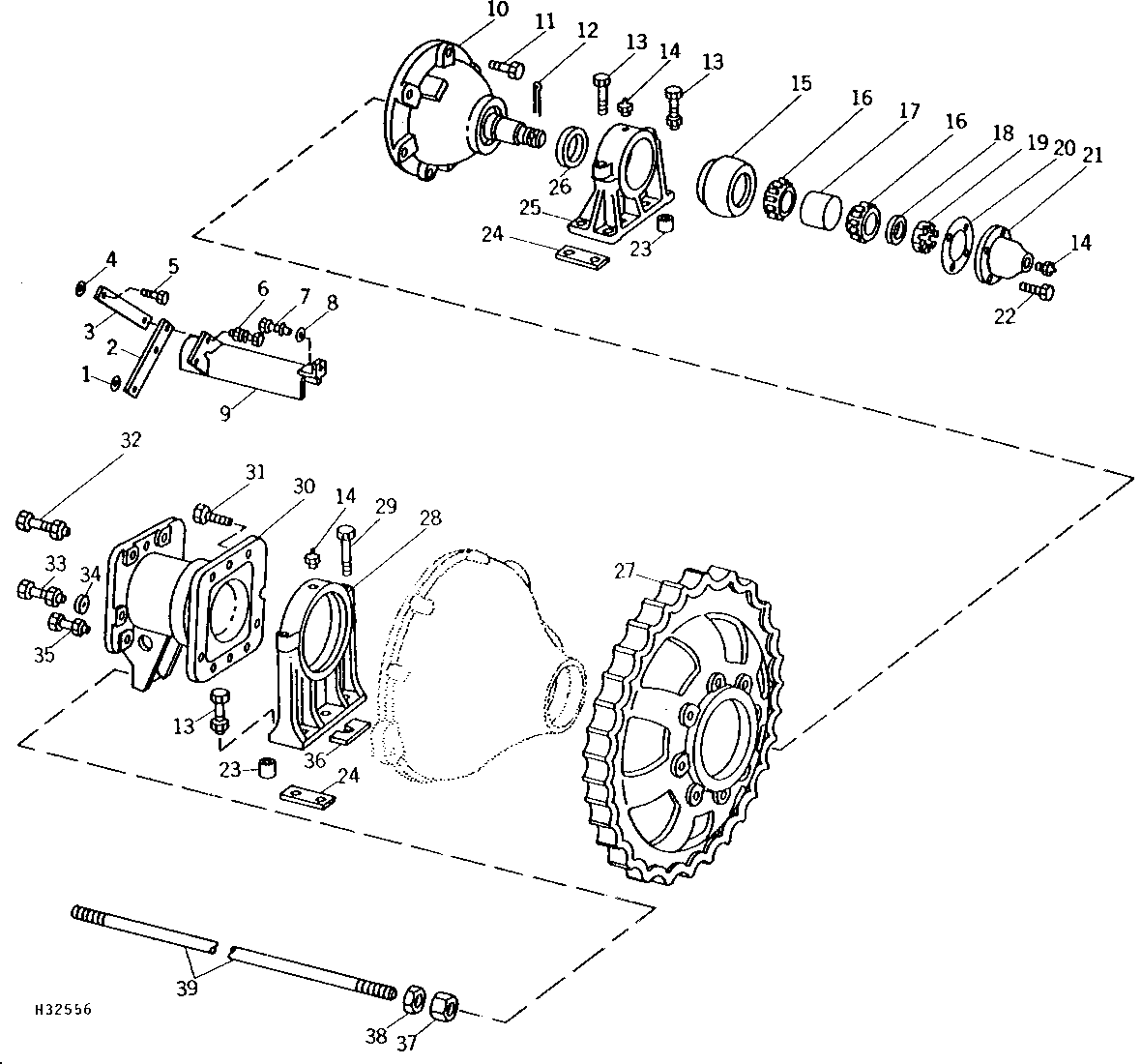CRAWLER DRIVE SHIELD, SPROCKET, AND BEARINGS (6 ROLLER TRACKS)