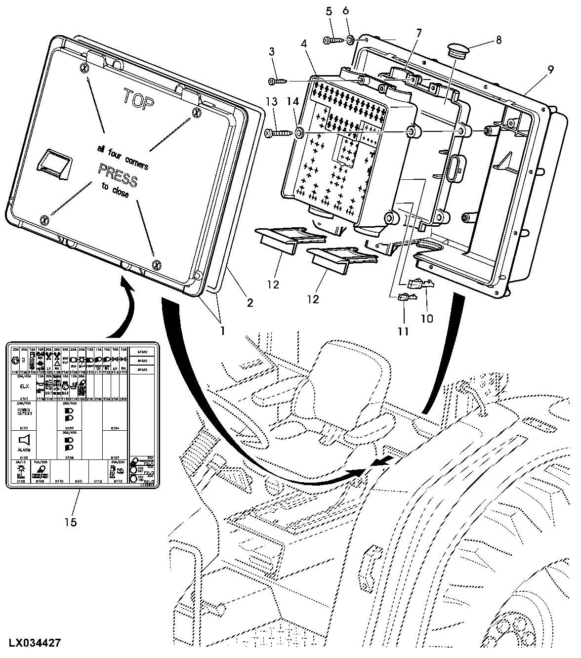 FUSE BOX / SYMBOLS (OPEN OPERATOR'S STATION)