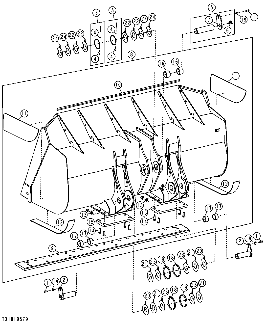 LOADER BUCKETS, BUCKET PINS AND CUTTING EDGE (NEVERGREASE) (SN 612711-616686)