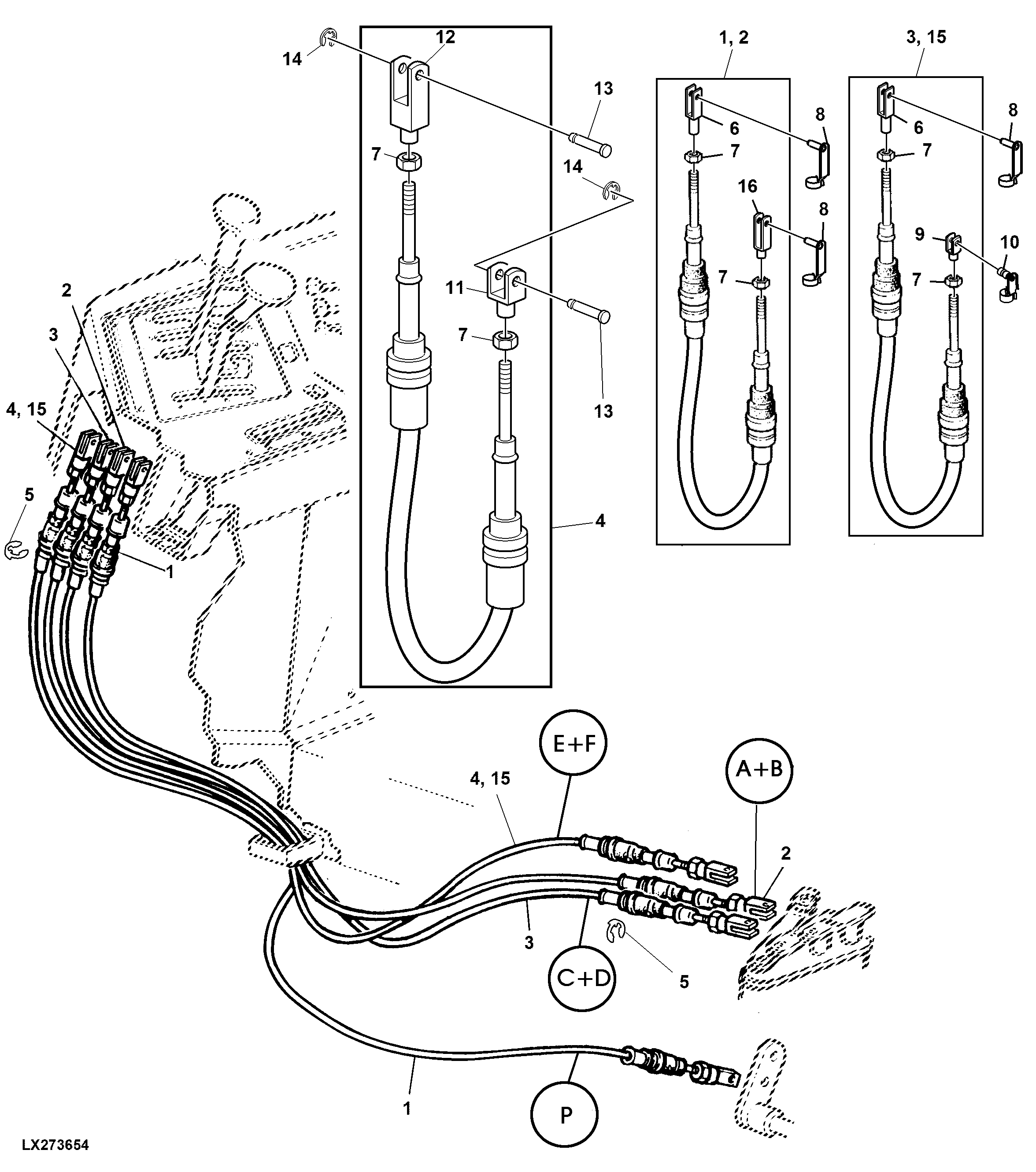 BOWDEN CABLES FOR RANGE SHIFT AND PARKING LOCK (POWRQUAD WITH REVERSER CONTROL AT STEERING COL.)