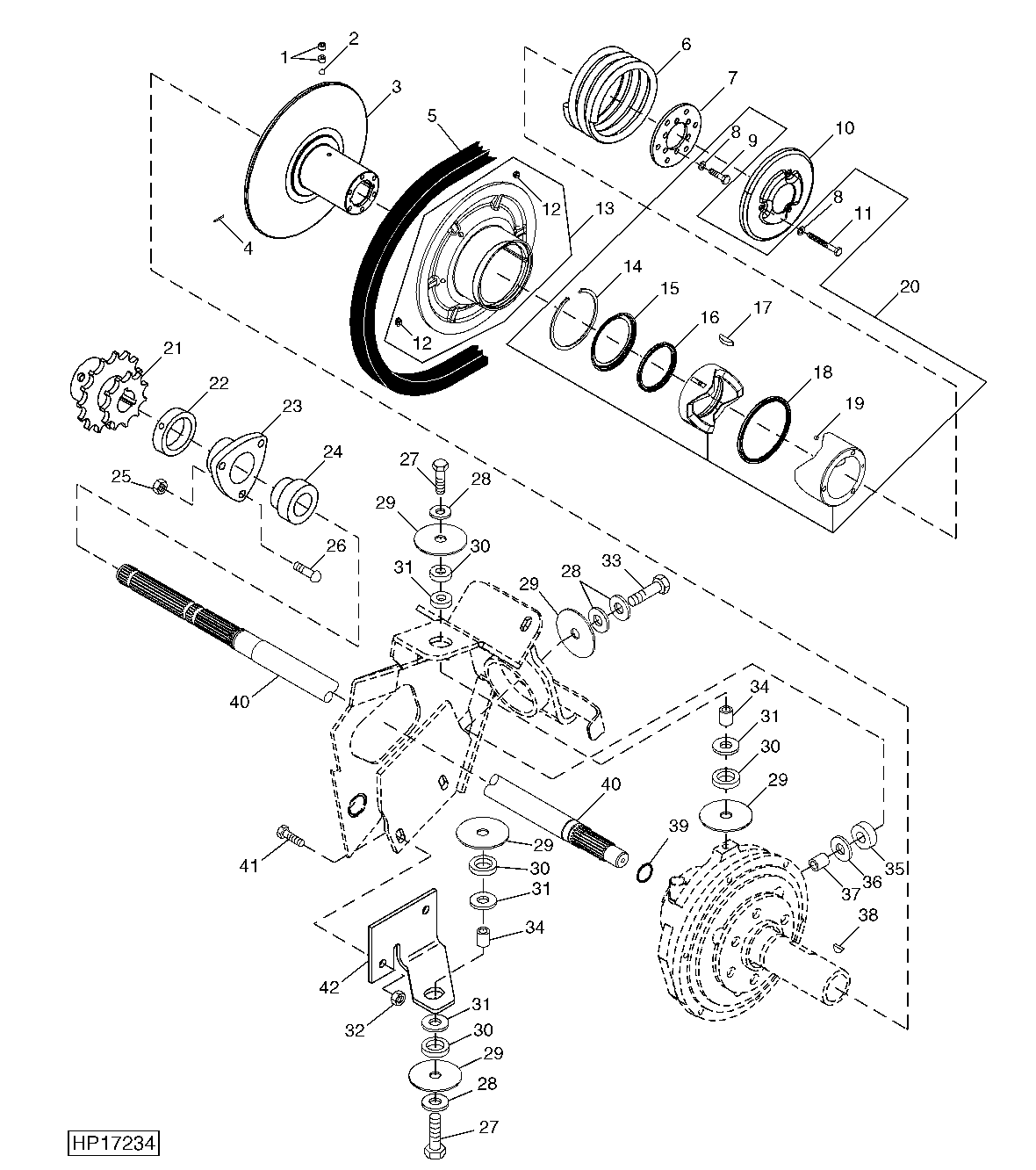 FRONT DRIVE SHAFT, SHEAVE AND MOUNTINGS (VARIABLE SPEED)