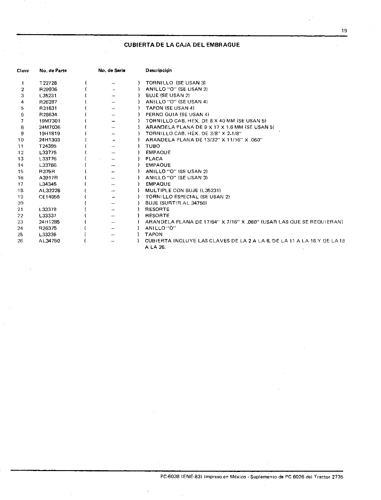 Cubierta de la Caja Del Embrague (Continued)