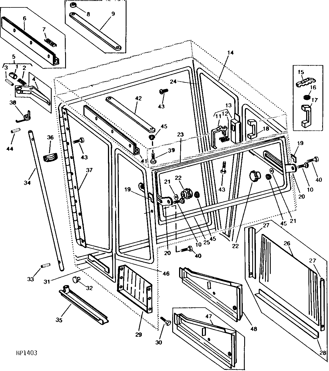 DOORS, HINGES, LATCHES, AND TOOL POCKET FOR OPERATOR'S CAB