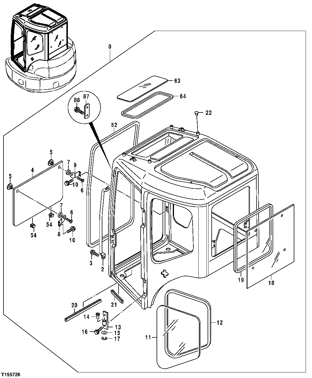 CAB COMPONENTS (LEFT, REAR AND ROOF WINDOWS AND HANDRAIL)