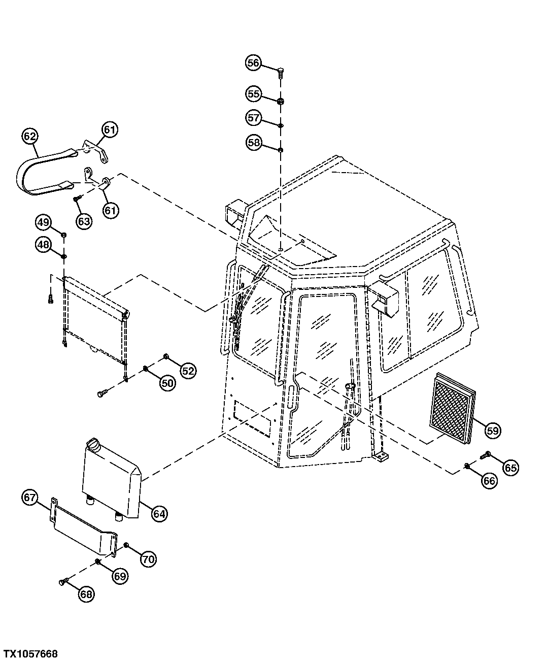 CAB WINDOW WASHER FLUID RESERVOIR AND FRESH AIR FILTER ELEMENT