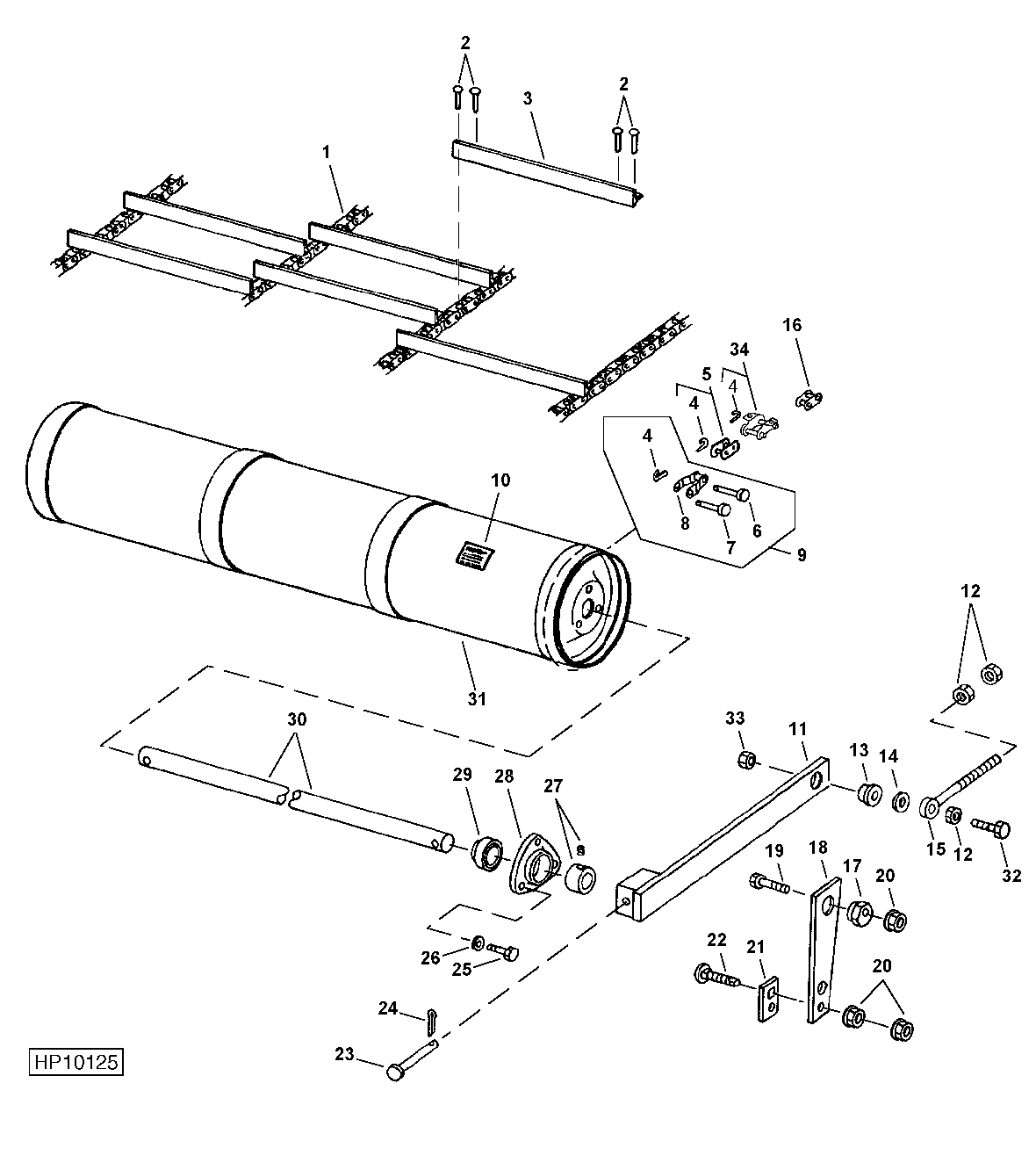 FEEDER CONVEYOR IDLER SHAFT, DRUM AND CHAIN