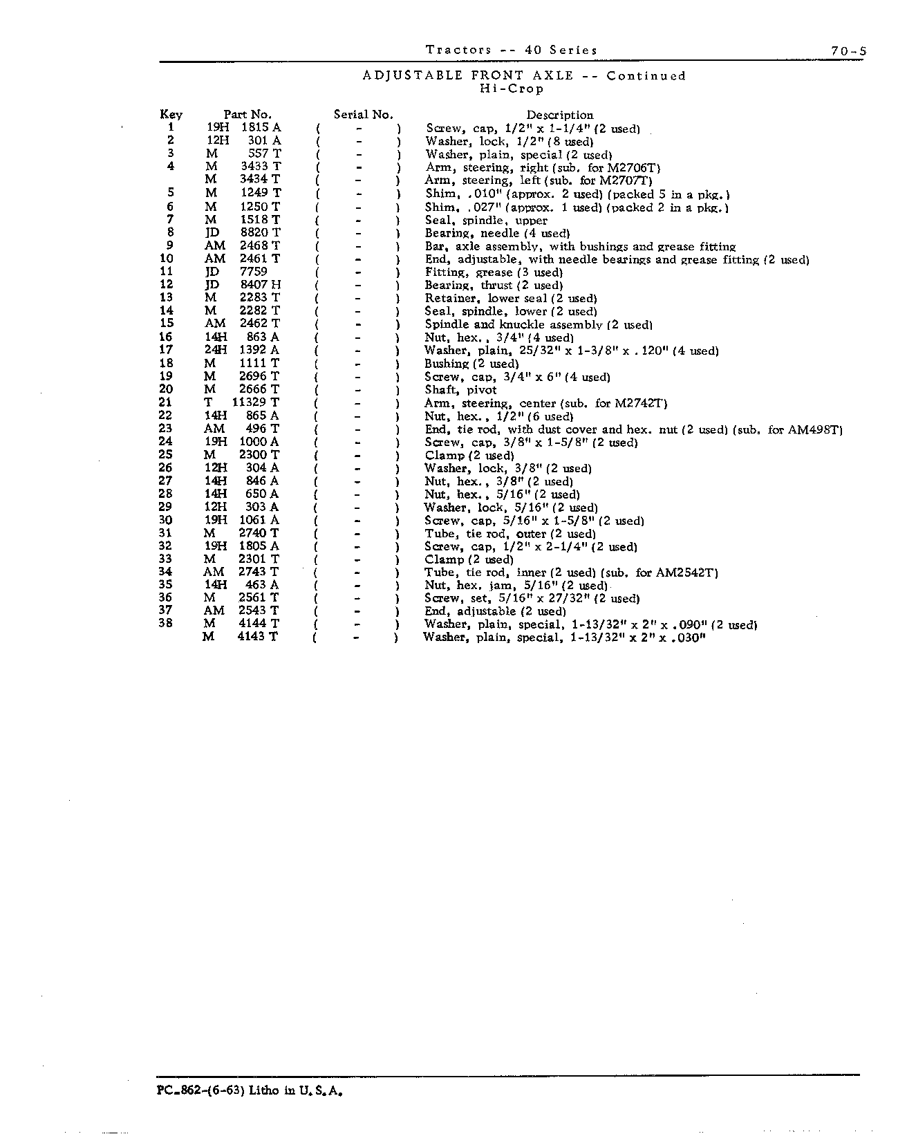 Adjustable front axle (H) (Continued)