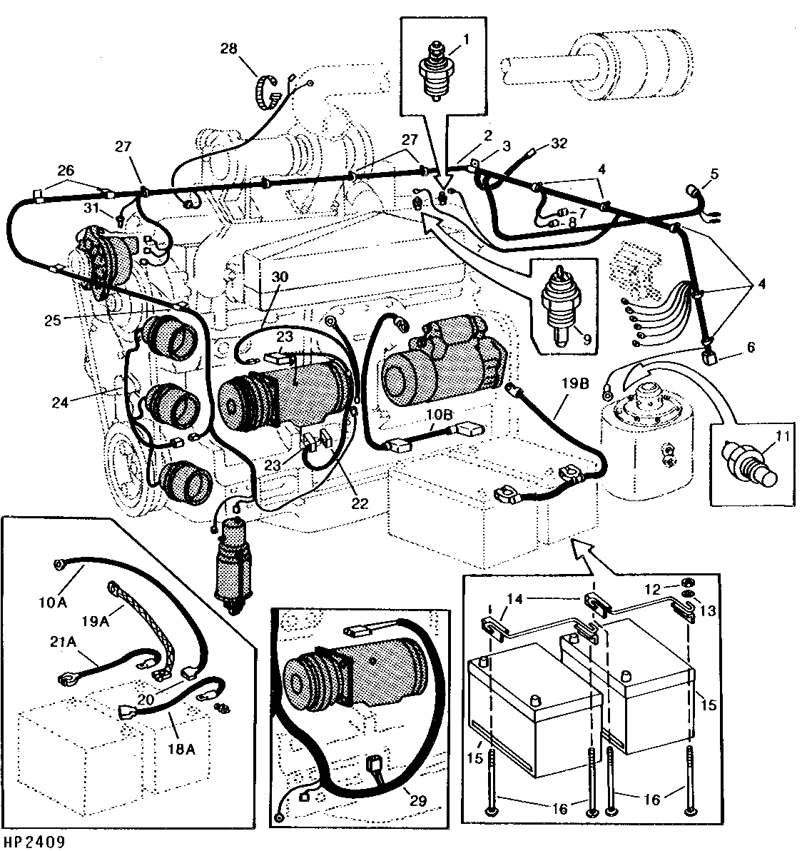 Engine Compartment Wiring Harnesses, Battery Cables, and Mountings (Water Temperature Sending Units and Vacuum Switch)