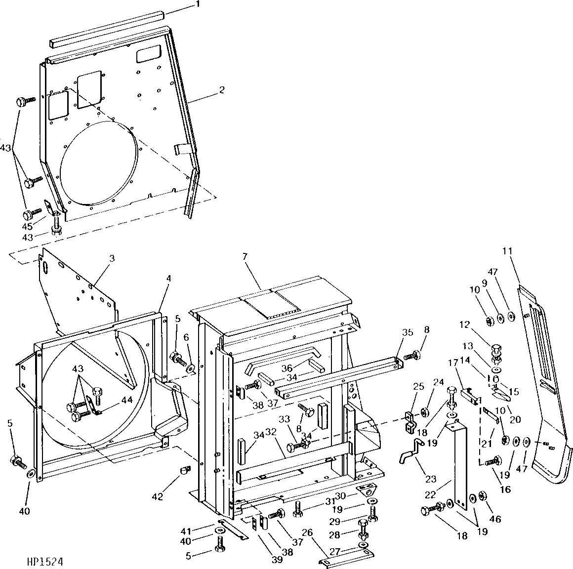 CORNER FRAME, FAN SHROUD, ENGINE COMPARTMENT REAR SHEET, AND FIREWALL