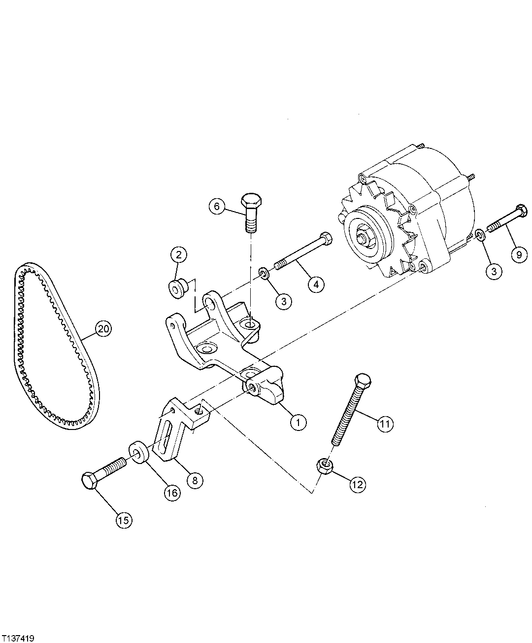 ALTERNATOR MOUNTING BRACKET TENSIONING STRAP AND DRIVE BELT (S.N. -005599)