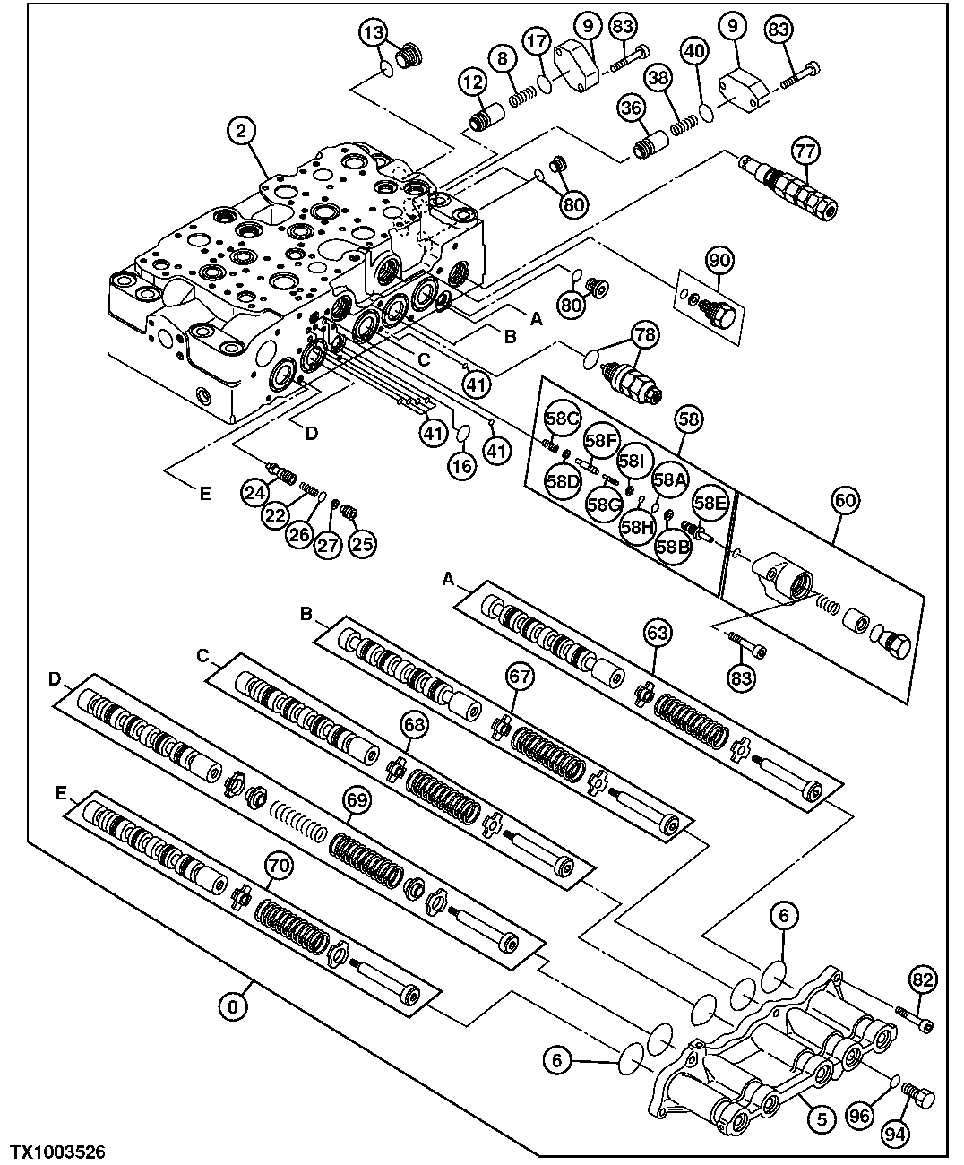 Control Valve Body and Spools (5 Spool Side)