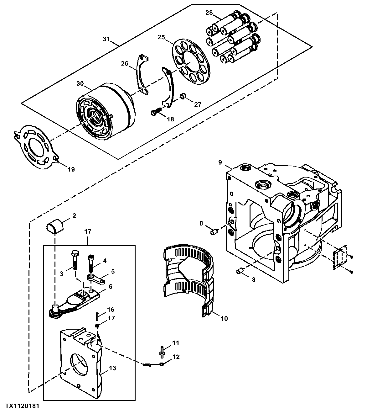 Hydrostatic Pump Housing, Swashplate, Piston and Cylinder Block Assy