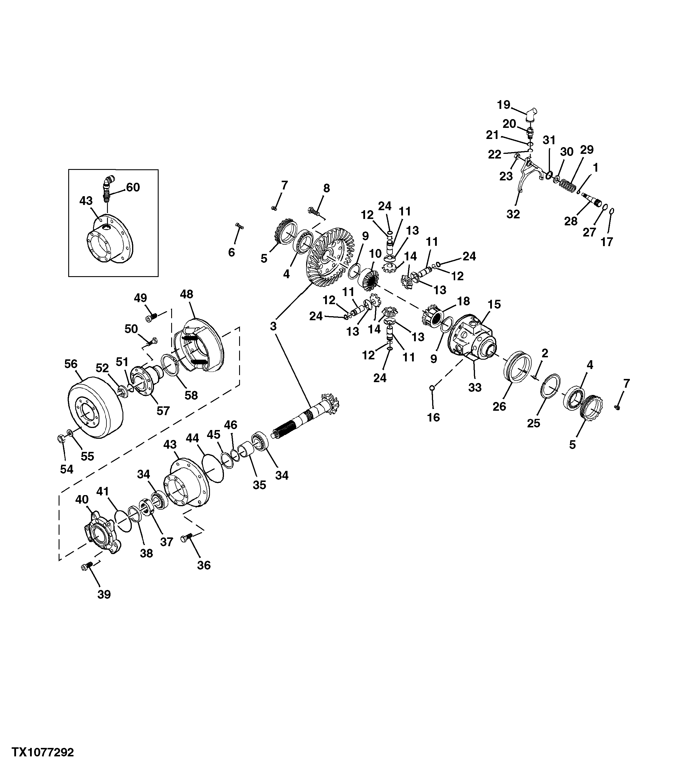 Front Axle Differential Housing, Bevel Gear and Disk