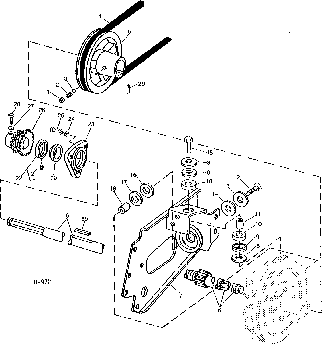 Feeder House Lower Shaft, Sheave and Mountings, Regular Fixed Drive (507351 - ), Long Fixed Drive (409101 - 615200)