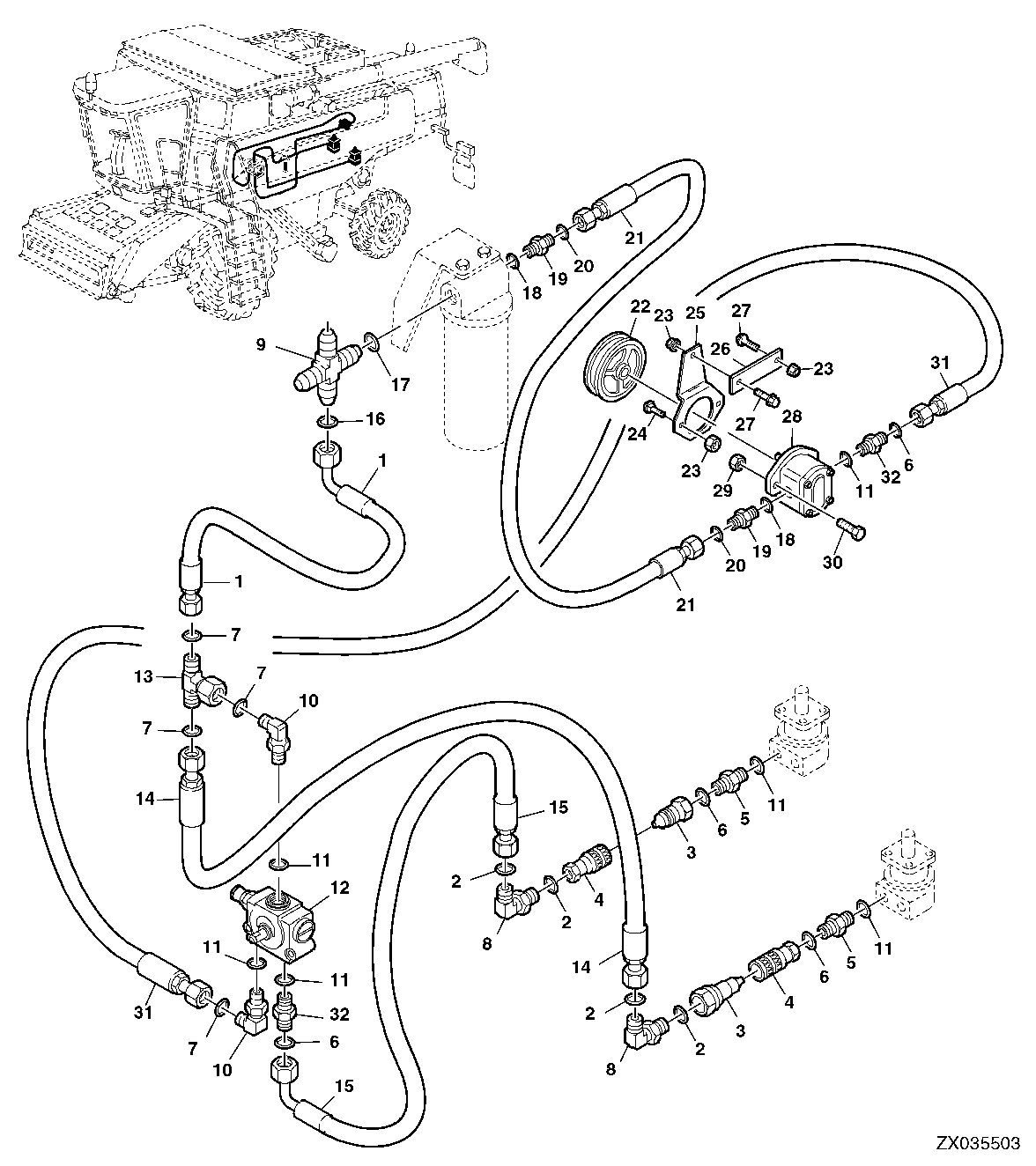 HYDRAULIC CONNECTIONS, CHAFF SPREADER, FLOW DIVIDER VALVE, PUMP (PREMIUM)