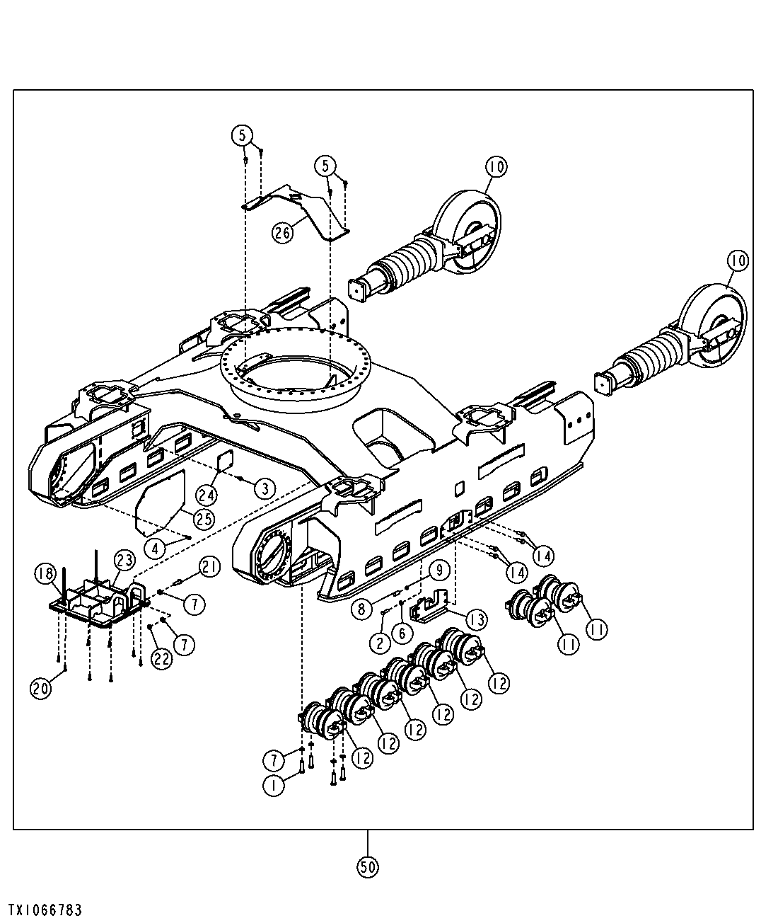 REMOVABLE PANELS, TRACK ROLLERS AND IDLER SPROCKET - LOWER FRAME