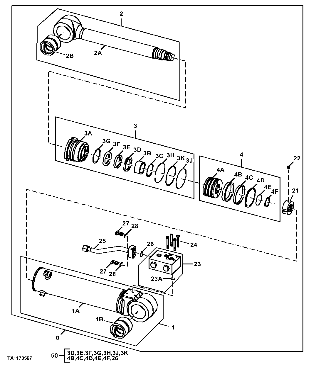 Blade Cylinder Components, Right Front, Left Rear