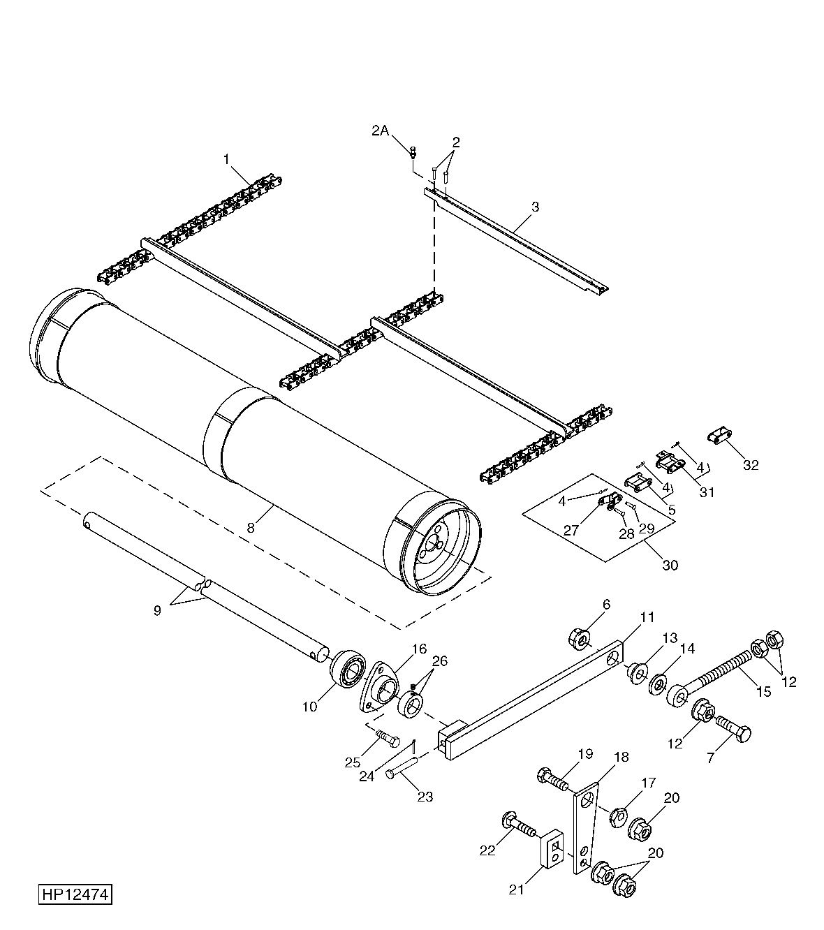 FEEDER CONVEYOR IDLER SHAFT, DRUM AND CHAIN