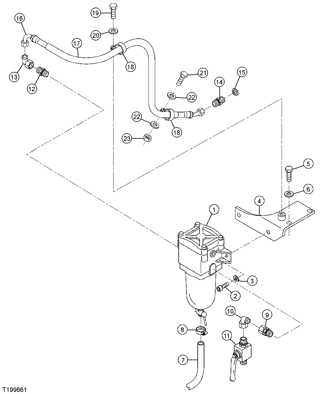 Engine Fuel Water Separator, Bracket, Fuel Hoses And Fuel Shut-Off Valve