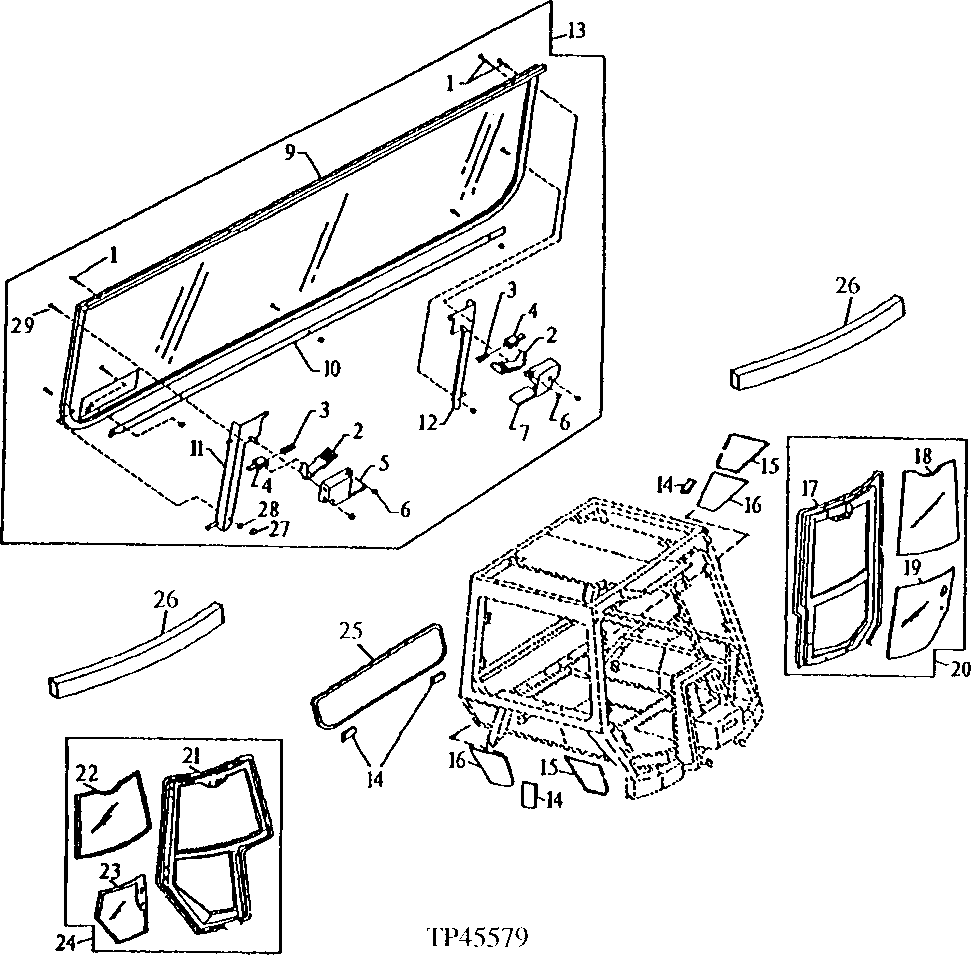 CAB DOORS, LOWER BACK WINDOW, LOWER SIDE WINDOWS