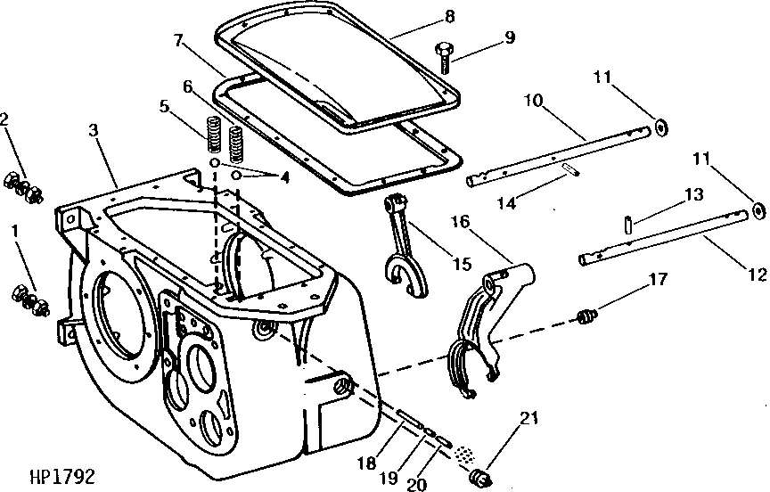 TRANSMISSION AND DIFFERENTIAL CASE, COVER, SHIFTER RAILS AND FORKS