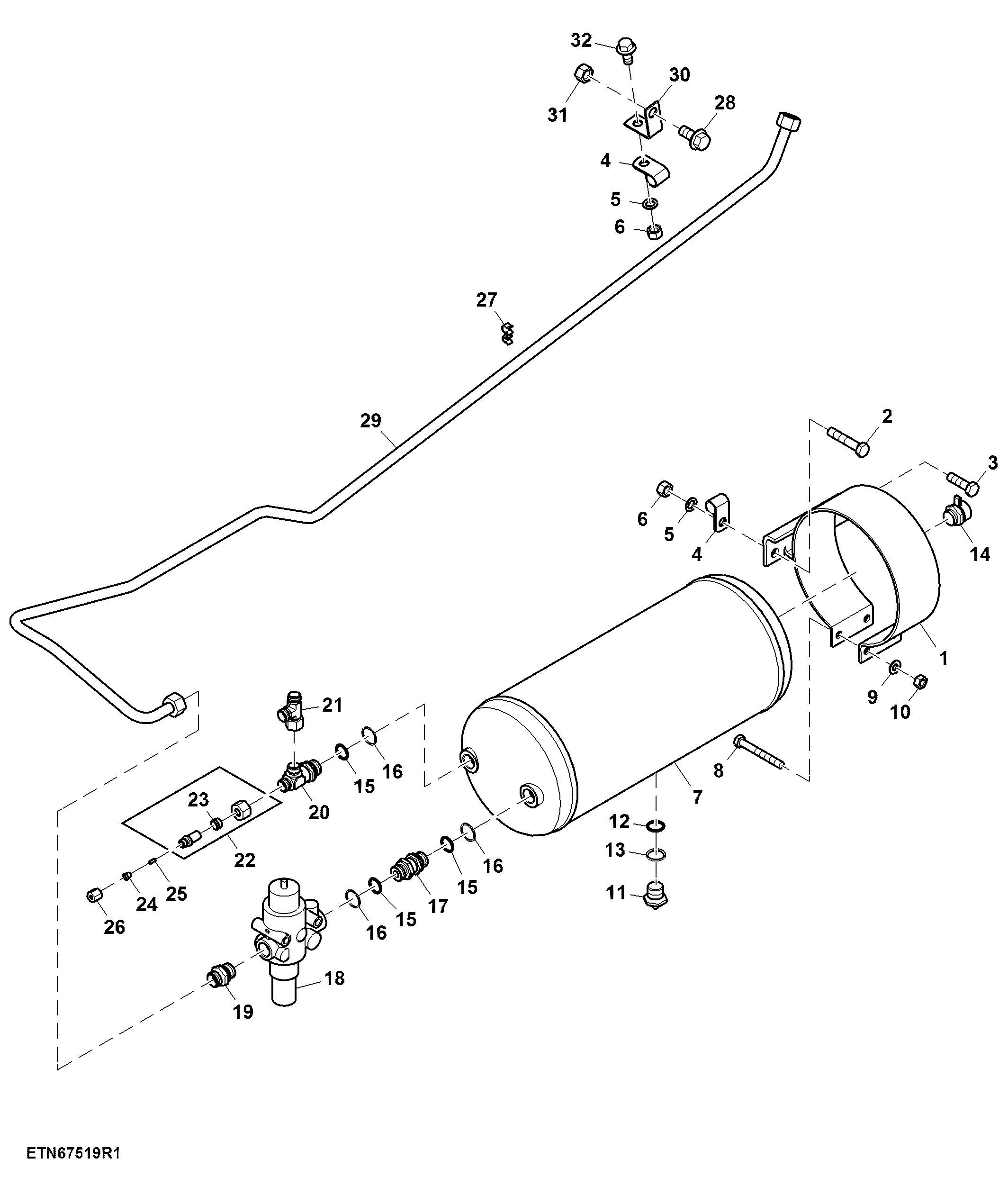 Compressed Air Tank, Pressure Regulating Valve And Air Brake Lines