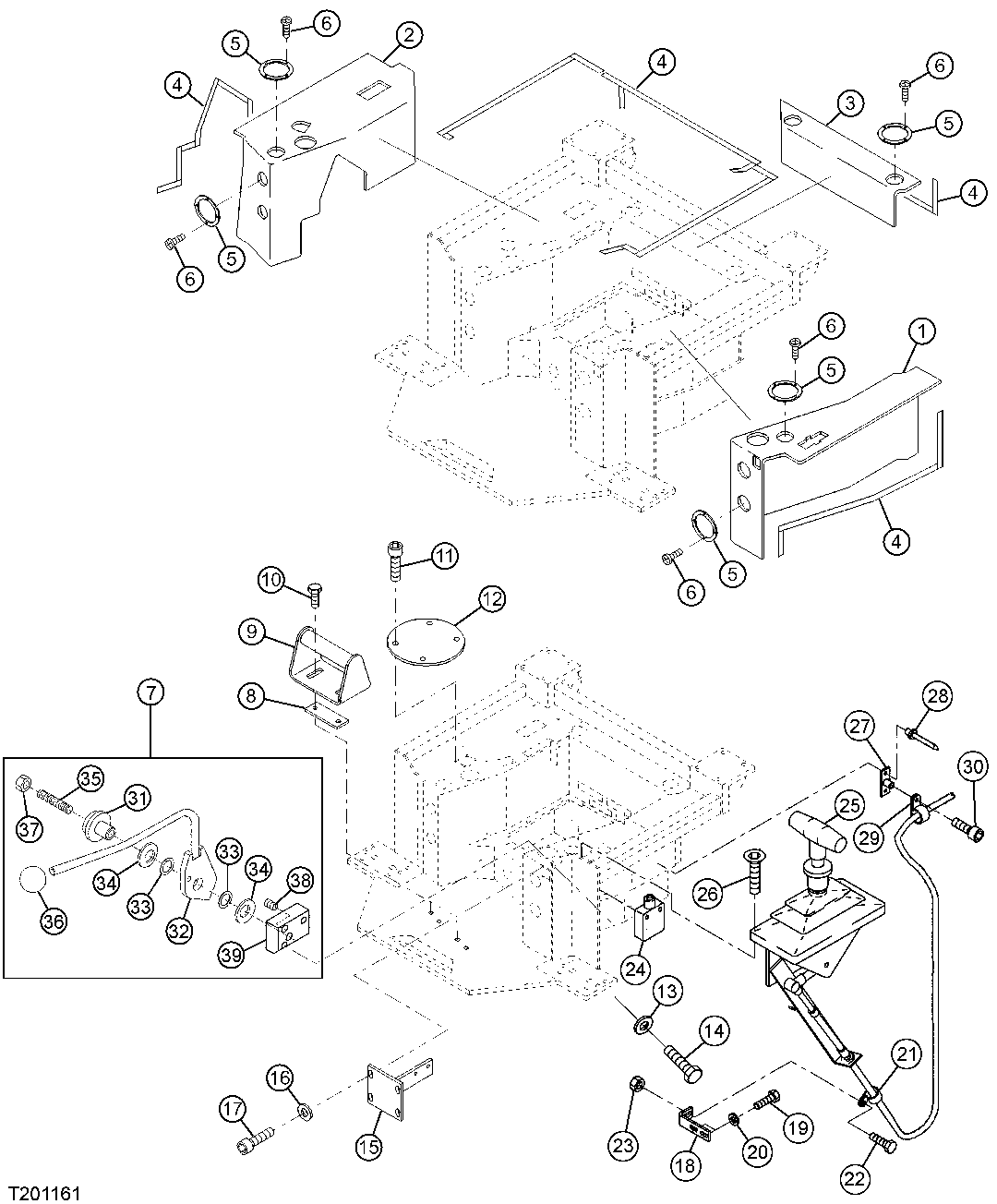 CAB PLATFORM CONSOLES, COVERS, FOOTREST, SPEED CONTROL LEVER AND PARK BRAKE LOCK LEVER