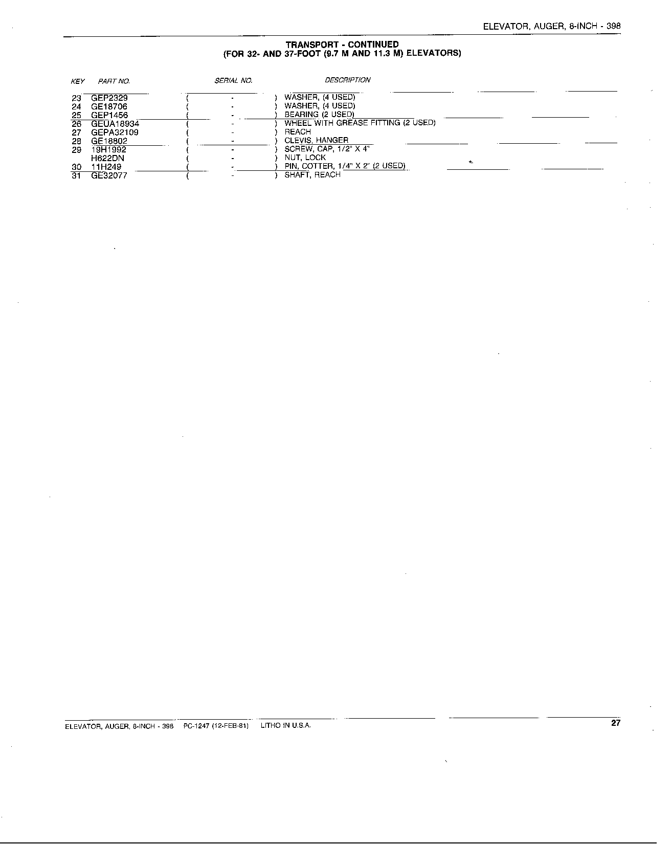 TRANSPORT (FOR 32- AND 37-FT. ELEVATORS) (Continued)